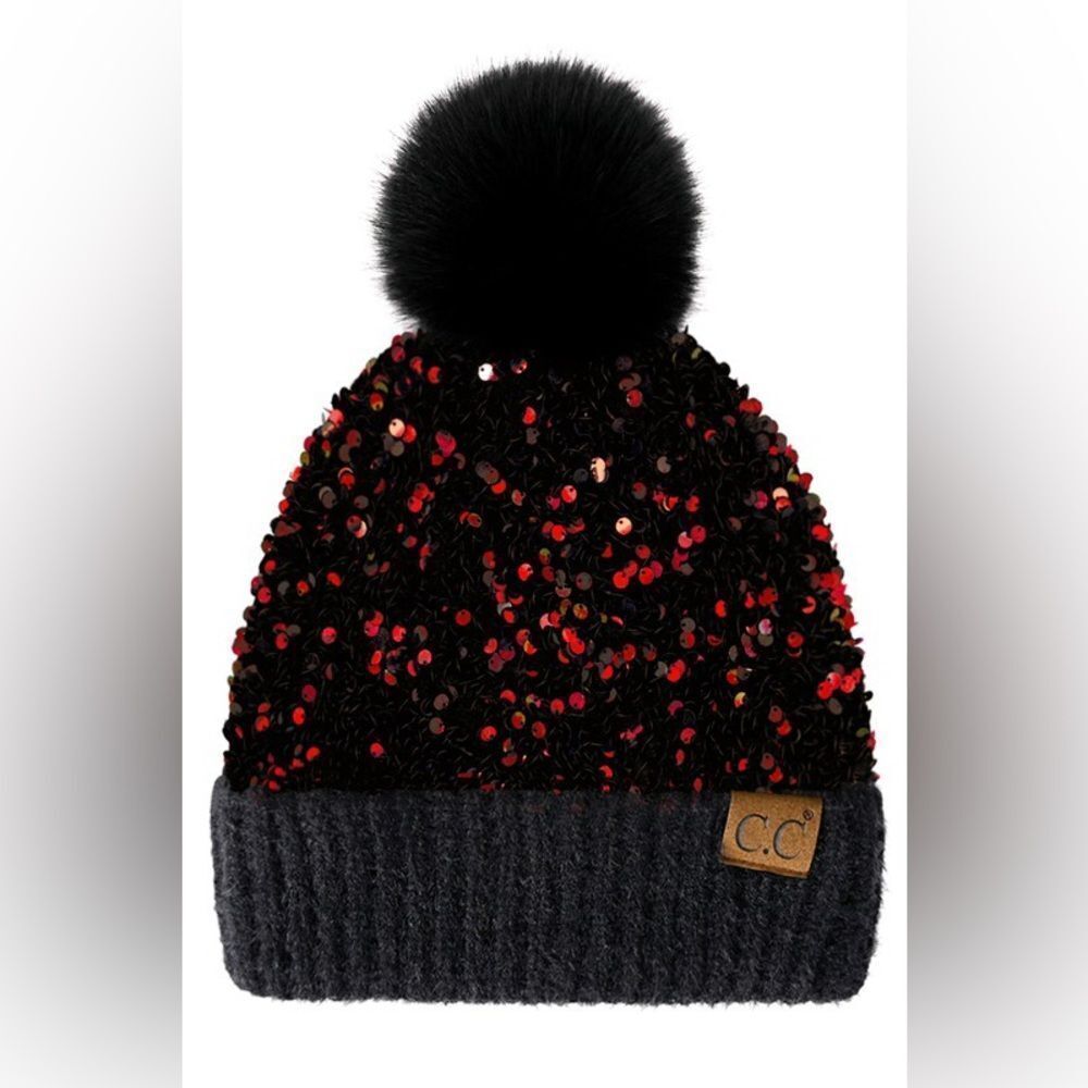 C.C Red Sequin Pom-Pom Beanie